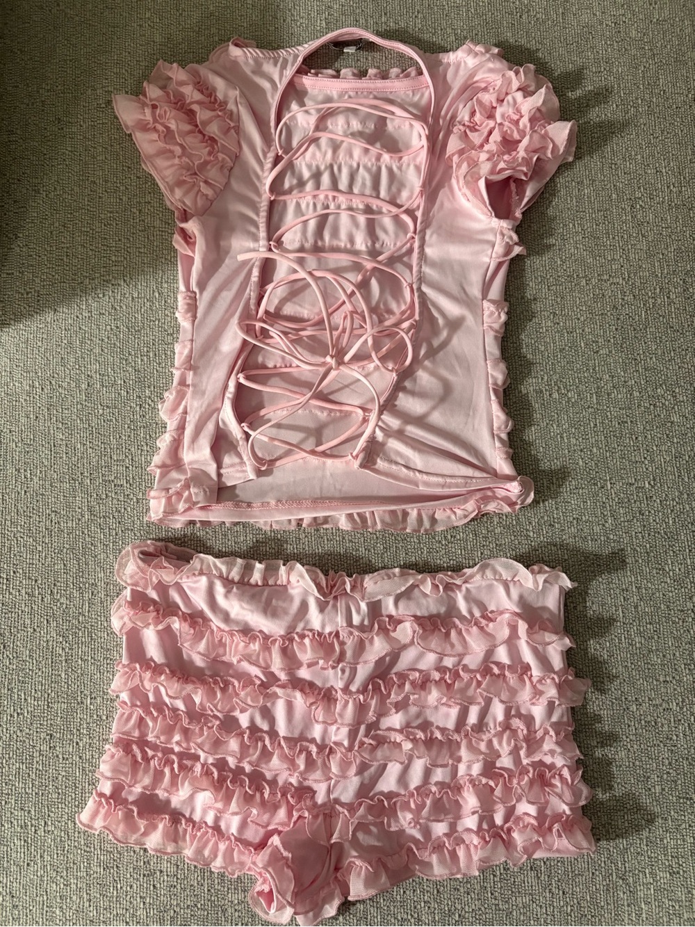 Pink Ruffle Two-Piece Crop Top & Shorts Set - Picture 2 of 3